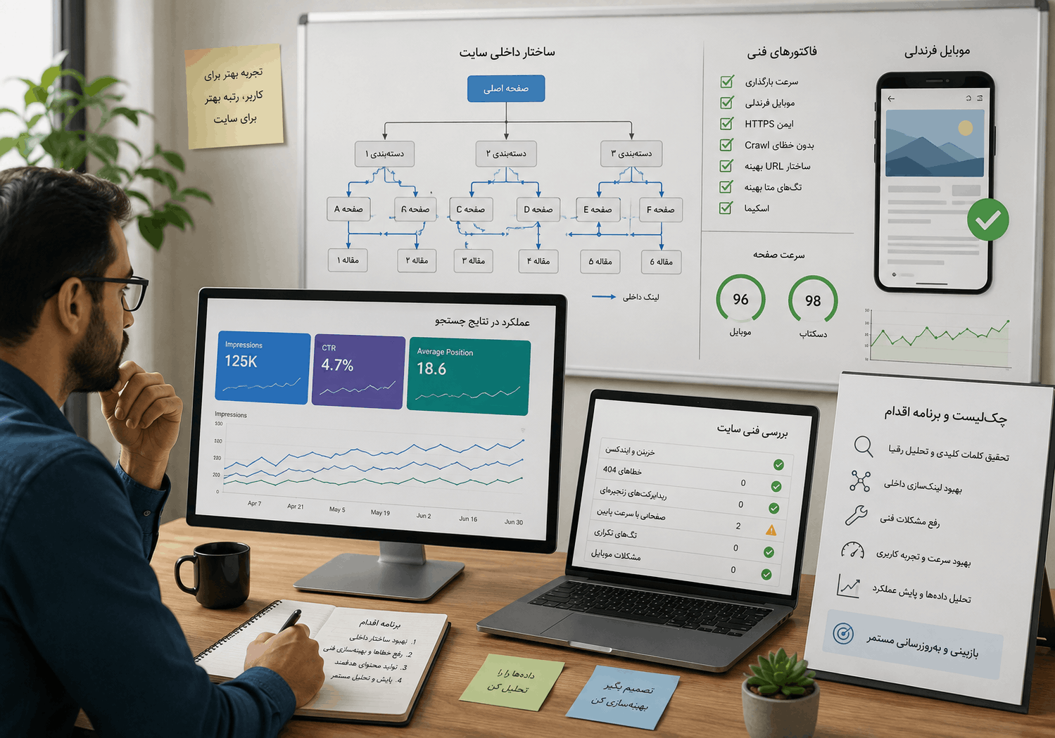 تحلیل عملکرد سئو، لینک‌سازی داخلی، سرعت سایت و داده‌های Search Console